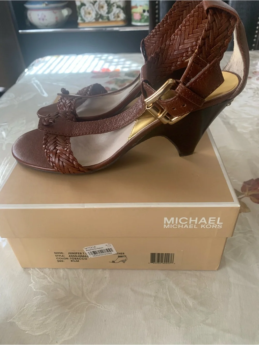 Michael Kors Brown Braided T-Strap Heeled Sandals with Gold Accents